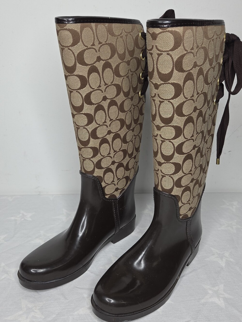 Coach Tristee Rain Boots Womens 9B Brown Signature C Tall Lace Up A7431